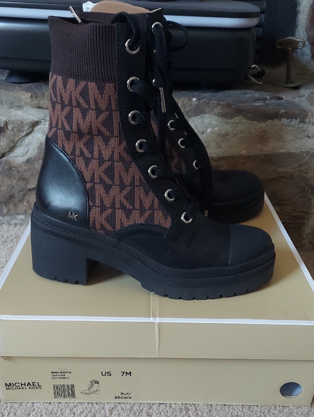 Michael Kors Brown MK Logo & Black Lace-Up Chunky Heel Boots